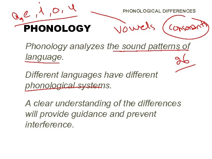 PHONOLOGICAL DIFFERENCES PHONOLOGY Phonology analyzes the sound patterns of language. Different languages have different