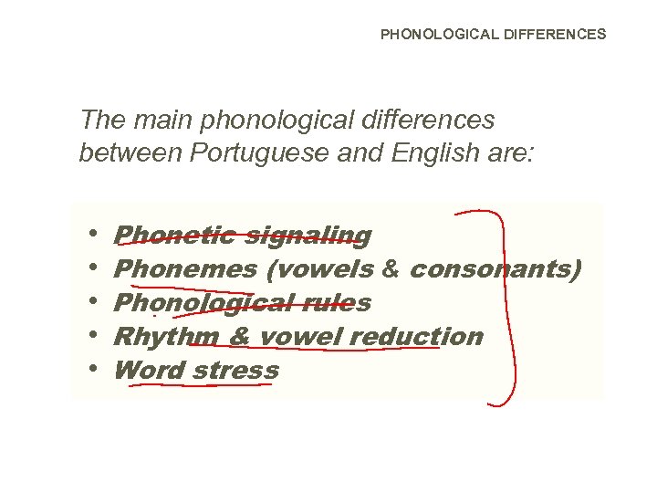 PHONOLOGICAL DIFFERENCES The main phonological differences between Portuguese and English are: • • •