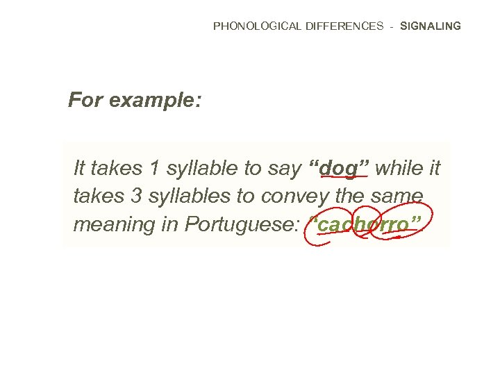 PHONOLOGICAL DIFFERENCES - SIGNALING For example: It takes 1 syllable to say “dog” while