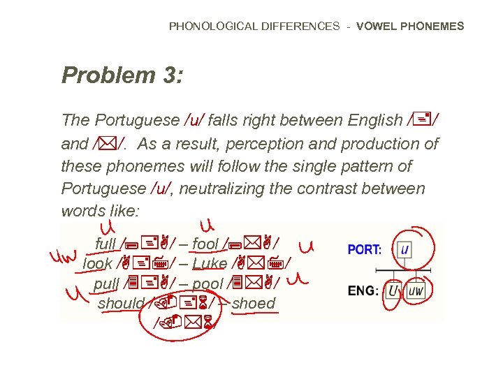PHONOLOGICAL DIFFERENCES - VOWEL PHONEMES Problem 3: The Portuguese /u/ falls right between English