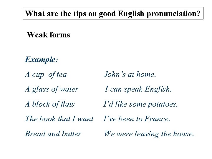 What are the tips on good English pronunciation? Weak forms Example: A cup of