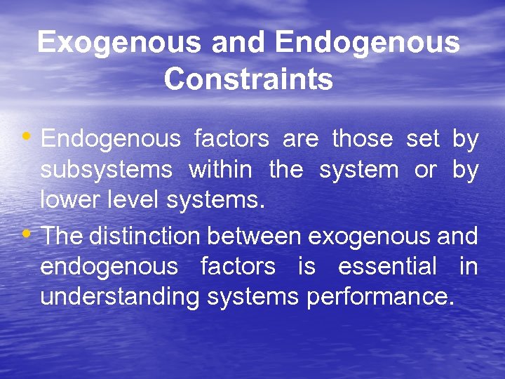 Exogenous and Endogenous Constraints • Endogenous factors are those set by • subsystems within