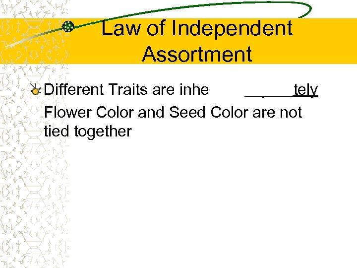 Law of Independent Assortment Different Traits are inherited separately Flower Color and Seed Color