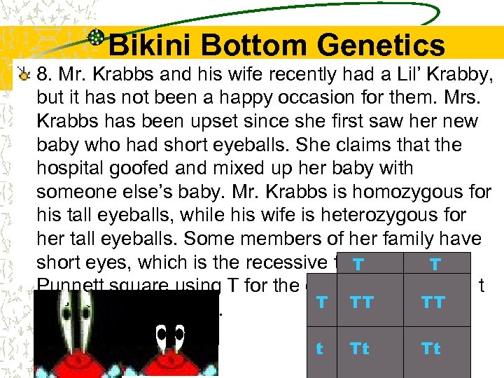 Bikini Bottom Genetics 8. Mr. Krabbs and his wife recently had a Lil’ Krabby,