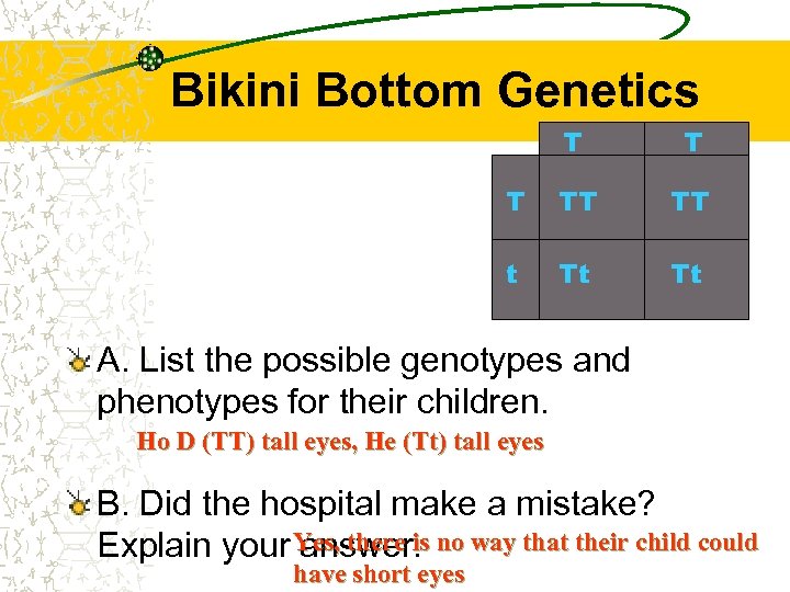 Bikini Bottom Genetics T TT TT t Tt Tt A. List the possible genotypes