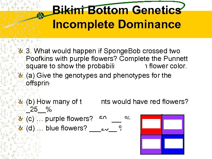 Bikini Bottom Genetics Incomplete Dominance 3. What would happen if Sponge. Bob crossed two