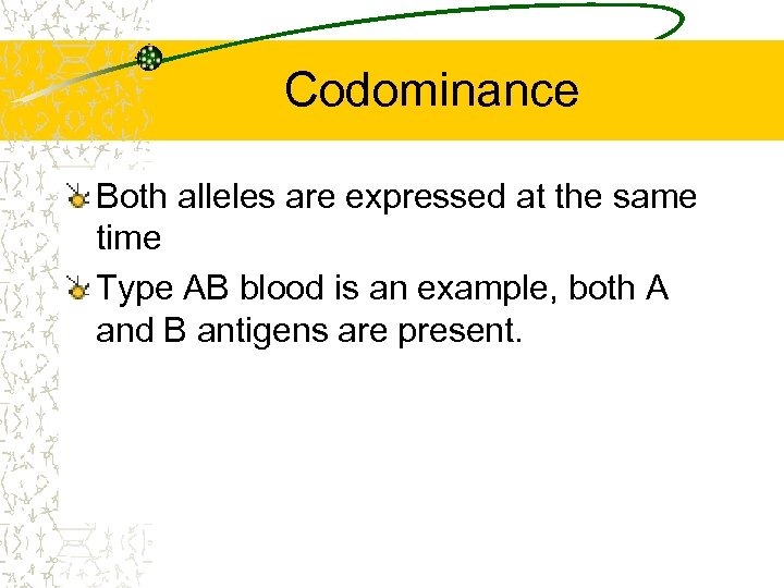 Codominance Both alleles are expressed at the same time Type AB blood is an