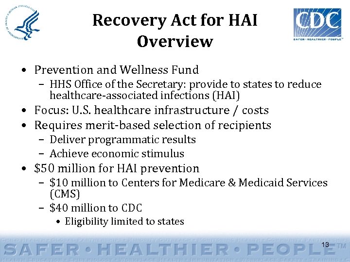 Recovery Act for HAI Overview • Prevention and Wellness Fund – HHS Office of