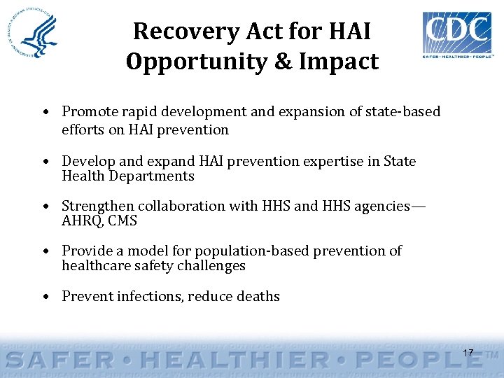 Recovery Act for HAI Opportunity & Impact • Promote rapid development and expansion of