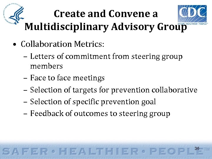 Create and Convene a Multidisciplinary Advisory Group • Collaboration Metrics: – Letters of commitment