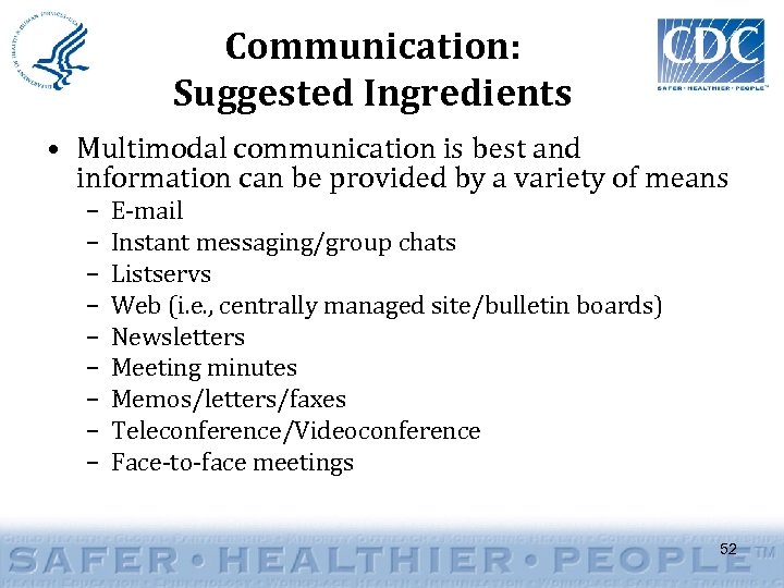 Communication: Suggested Ingredients • Multimodal communication is best and information can be provided by