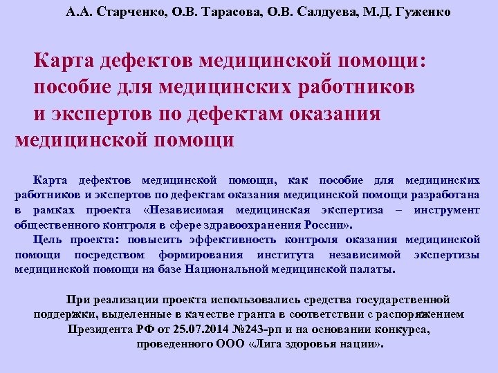 А. А. Старченко, О. В. Тарасова, О. В. Салдуева, М. Д. Гуженко Карта дефектов