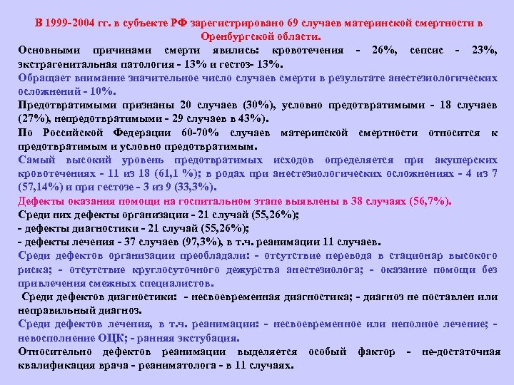 В 1999 2004 гг. в субъекте РФ зарегистрировано 69 случаев материнской смертности в Оренбургской