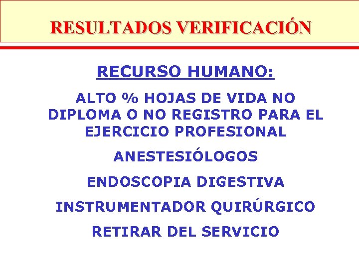 RESULTADOS VERIFICACIÓN RECURSO HUMANO: ALTO % HOJAS DE VIDA NO DIPLOMA O NO REGISTRO