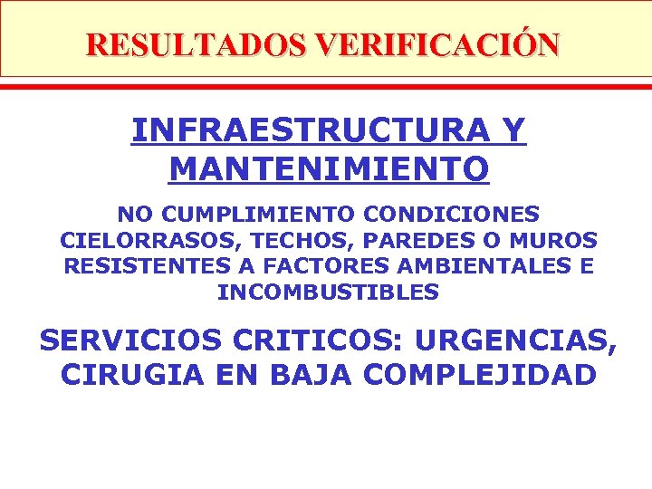 RESULTADOS VERIFICACIÓN INFRAESTRUCTURA Y MANTENIMIENTO NO CUMPLIMIENTO CONDICIONES CIELORRASOS, TECHOS, PAREDES O MUROS RESISTENTES