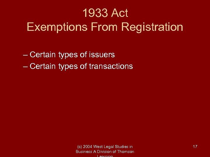 1933 Act Exemptions From Registration – Certain types of issuers – Certain types of