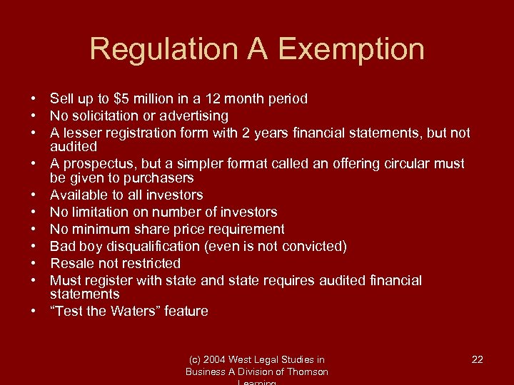 Regulation A Exemption • Sell up to $5 million in a 12 month period