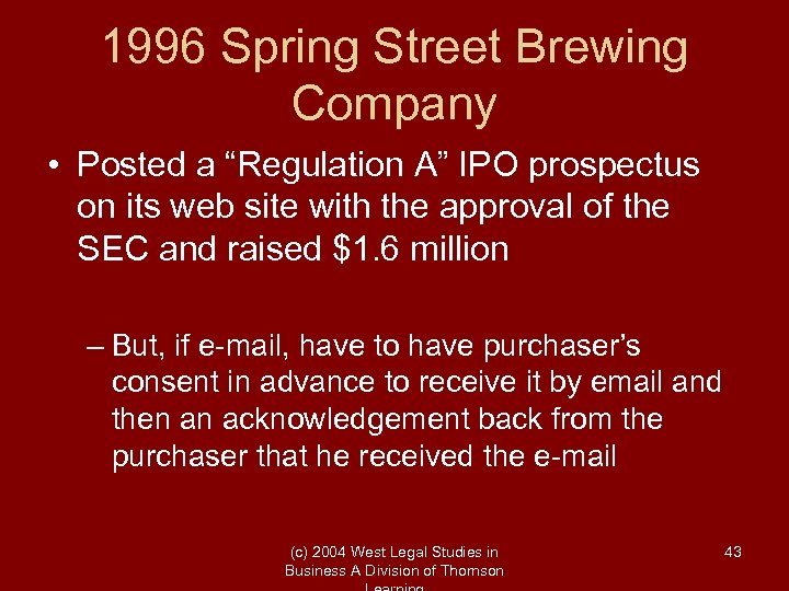 1996 Spring Street Brewing Company • Posted a “Regulation A” IPO prospectus on its