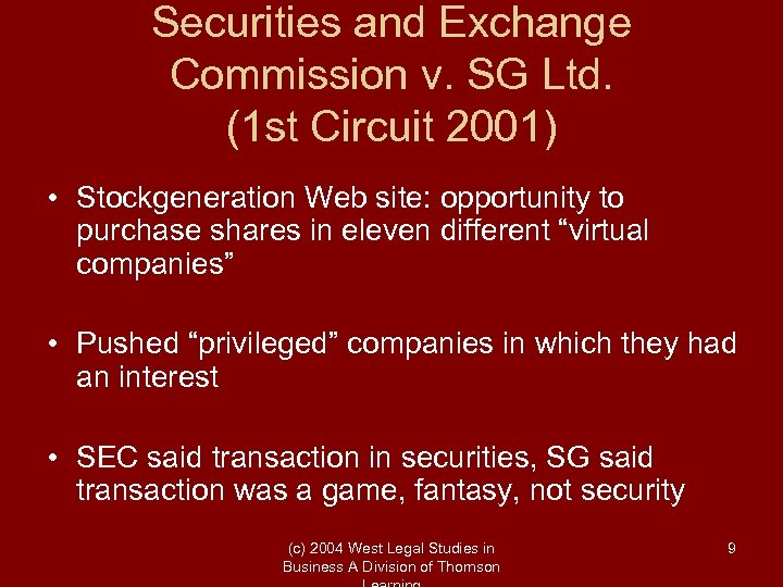 Securities and Exchange Commission v. SG Ltd. (1 st Circuit 2001) • Stockgeneration Web