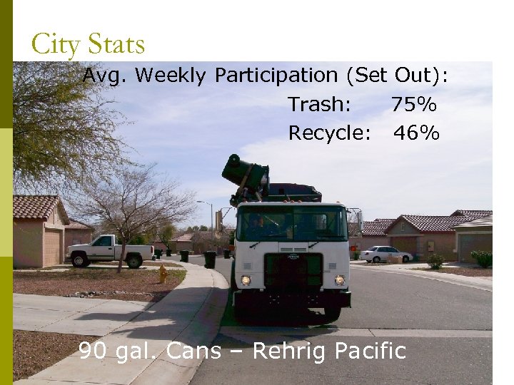 City Stats Avg. Weekly Participation (Set Out): Trash: 75% Recycle: 46% 90 gal. Cans