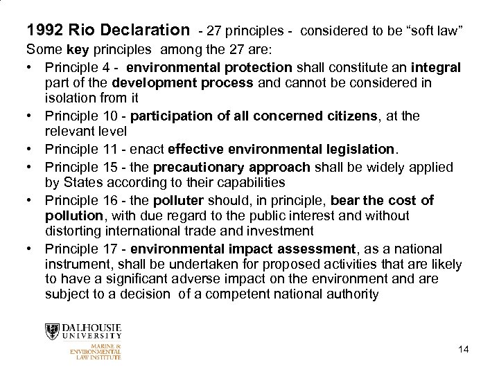 1992 Rio Declaration - 27 principles - considered to be “soft law” Some key