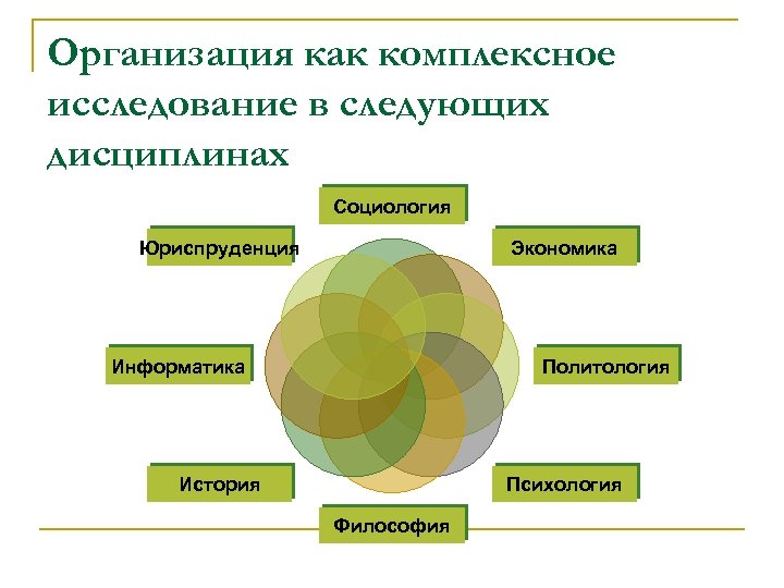 Организация как комплексное исследование в следующих дисциплинах Социология Юриспруденция Экономика Информатика Политология История Психология