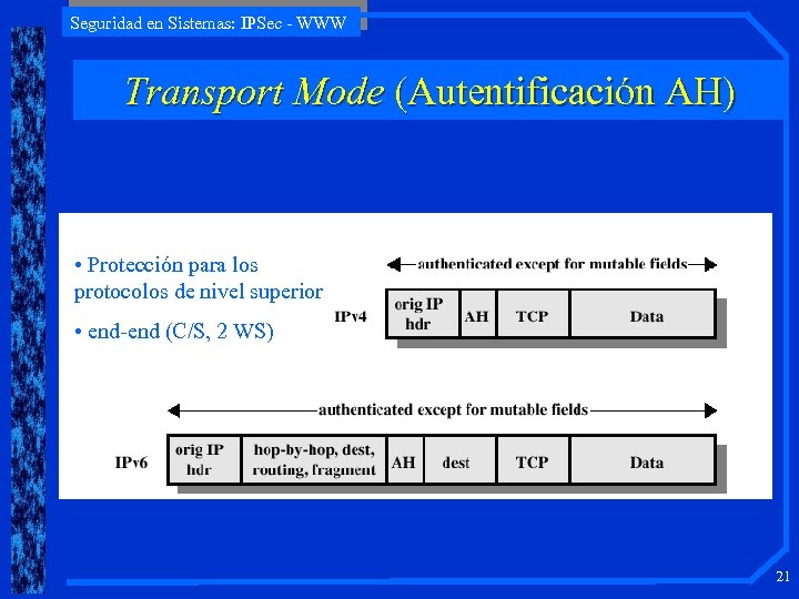 Seguridad en Sistemas: IPSec - WWW Transport Mode (Autentificación AH) • Protección para los