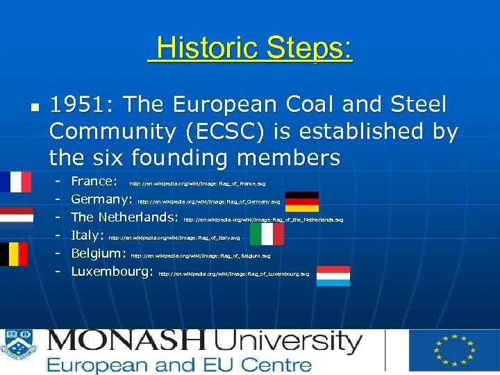 Historic Steps: n 1951: The European Coal and Steel Community (ECSC) is established by