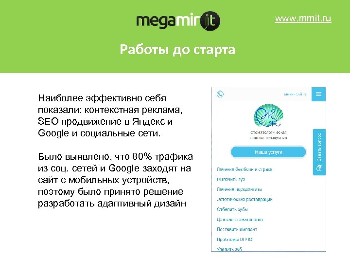 www. mmit. ru Работы до старта Наиболее эффективно себя показали: контекстная реклама, SEO продвижение