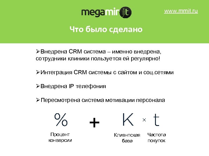 www. mmit. ru Что было сделано ØВнедрена CRM система – именно внедрена, сотрудники клиники