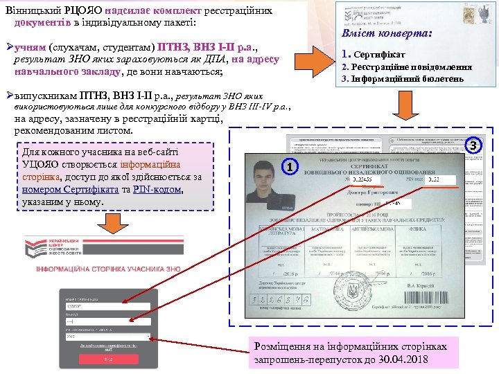 Вінницький РЦОЯО надсилає комплект реєстраційних документів в індивідуальному пакеті: Вміст конверта: Øучням (слухачам, студентам)