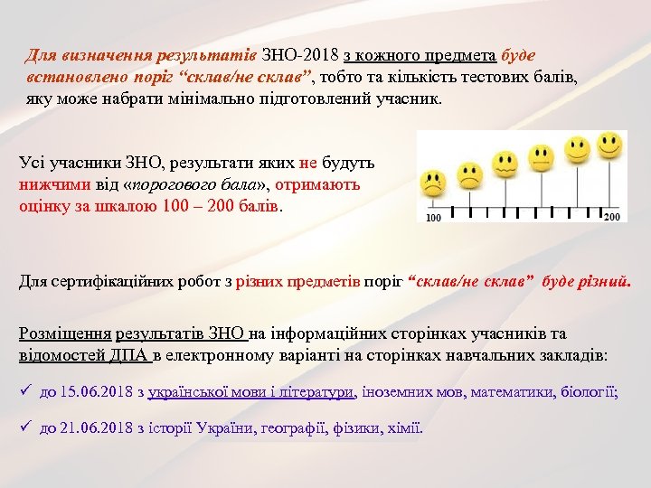 Для визначення результатів ЗНО-2018 з кожного предмета буде встановлено поріг “склав/не склав”, тобто та