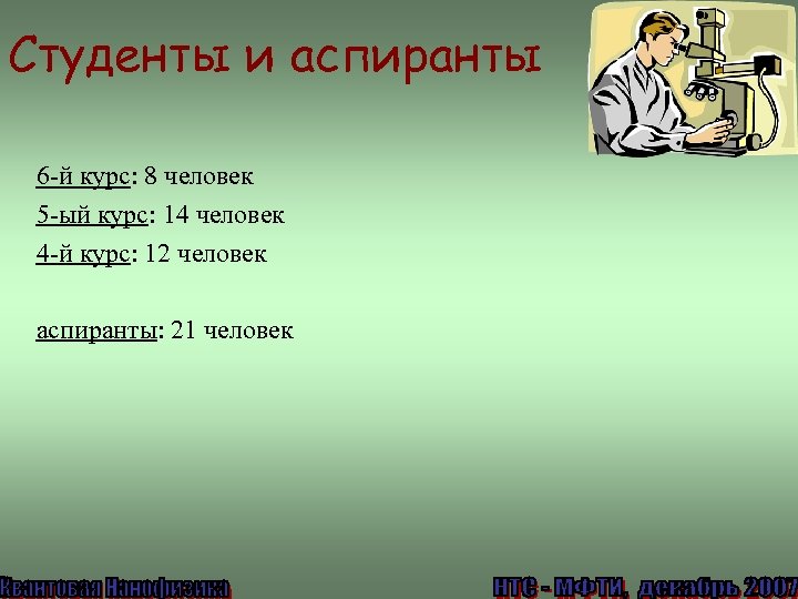 Студенты и аспиранты 6 -й курс: 8 человек 5 -ый курс: 14 человек 4