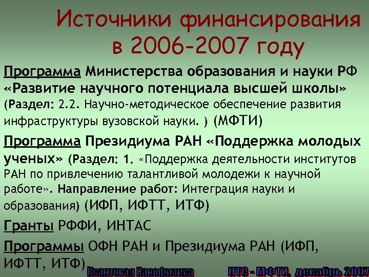 Источники финансирования в 2006 -2007 году Программа Министерства образования и науки РФ «Развитие научного