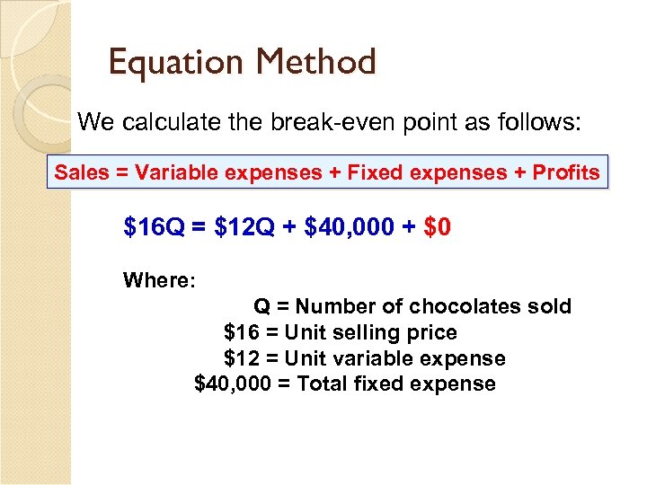 Equation Method We calculate the break-even point as follows: Sales = Variable expenses +