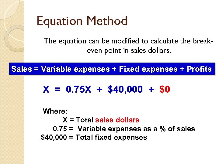 Equation Method The equation can be modified to calculate the breakeven point in sales