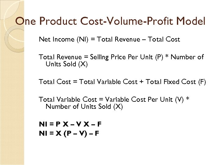One Product Cost-Volume-Profit Model Net Income (NI) = Total Revenue – Total Cost Total
