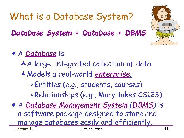 What is a Database System? Database System = Database + DBMS ® A Database