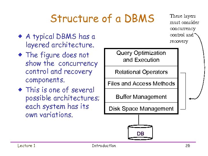 Structure of a DBMS ® A typical DBMS has a layered architecture. ® The