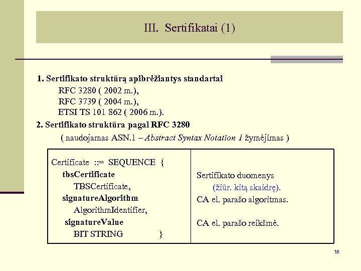III. Sertifikatai (1) 1. Sertifikato struktūrą apibrėžiantys standartai RFC 3280 ( 2002 m. ),