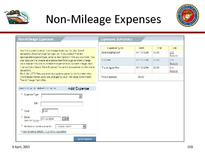 Non-Mileage Expenses 9 April, 2015 150 