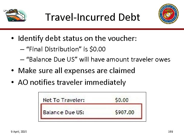 Travel-Incurred Debt • Identify debt status on the voucher: – “Final Distribution” is $0.