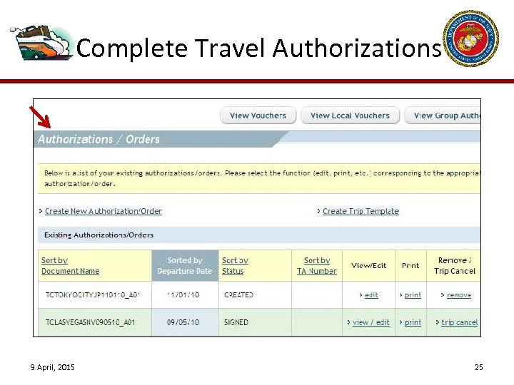 Complete Travel Authorizations 9 April, 2015 25 