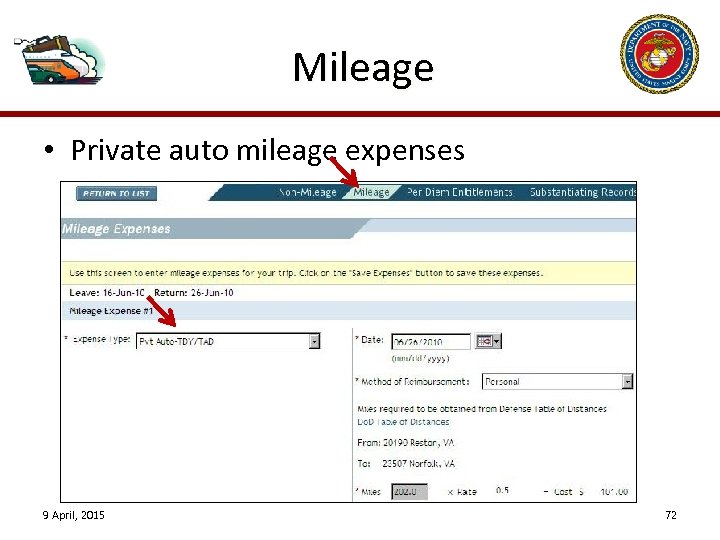 Mileage • Private auto mileage expenses 9 April, 2015 72 