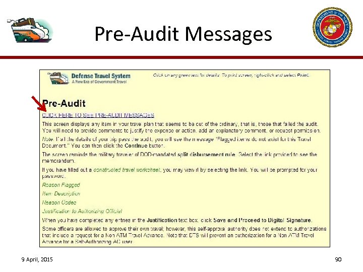 Pre-Audit Messages 9 April, 2015 90 