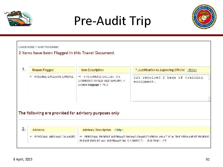 Pre-Audit Trip 9 April, 2015 91 