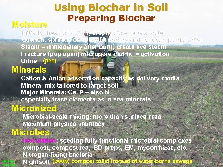 Using Biochar in Soil Moisture Preparing Biochar Initially, fresh char is hydrophobic = repels