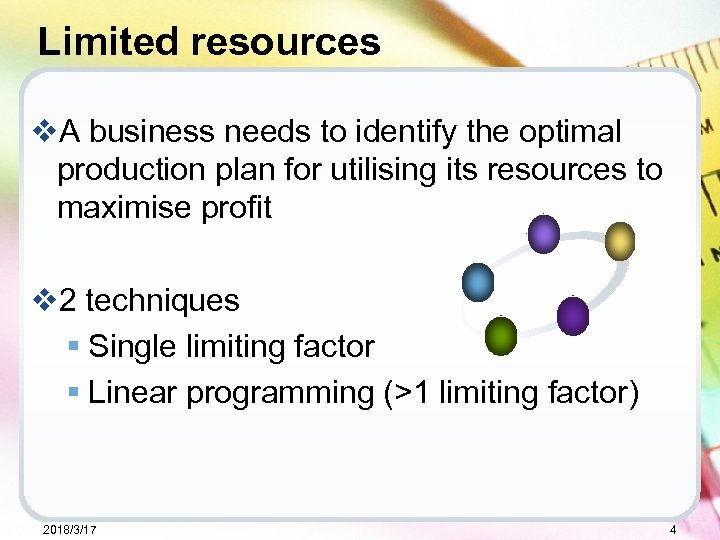 Limited resources v. A business needs to identify the optimal production plan for utilising