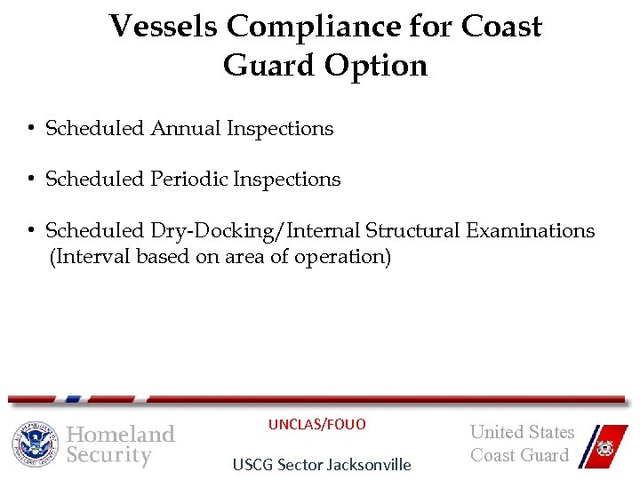 Vessels Compliance for Coast Guard Option • Scheduled Annual Inspections • Scheduled Periodic Inspections