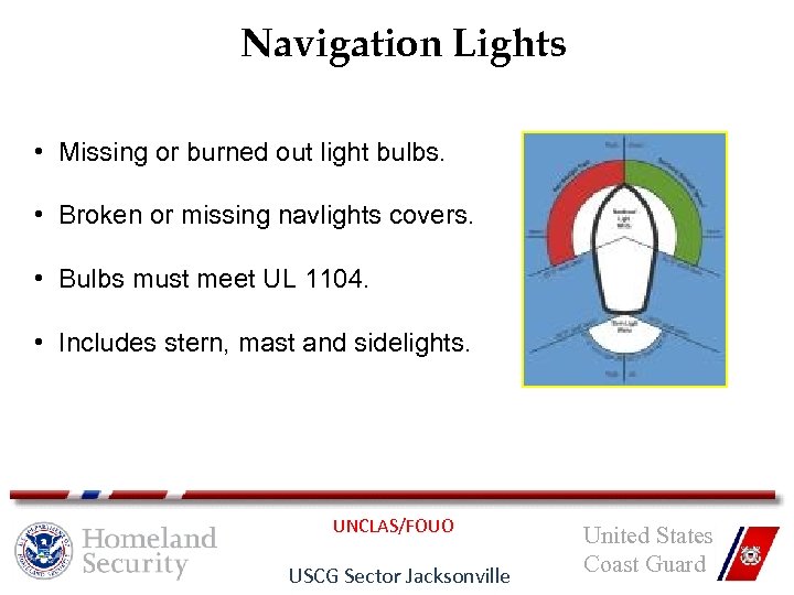 Navigation Lights • Missing or burned out light bulbs. • Broken or missing navlights
